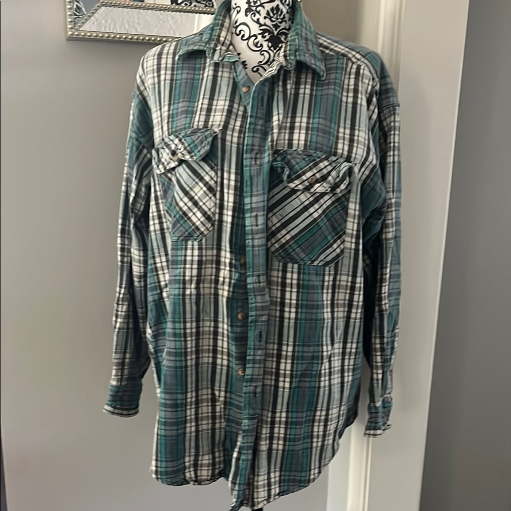 Green and White Plaid Button-Up Shirt
